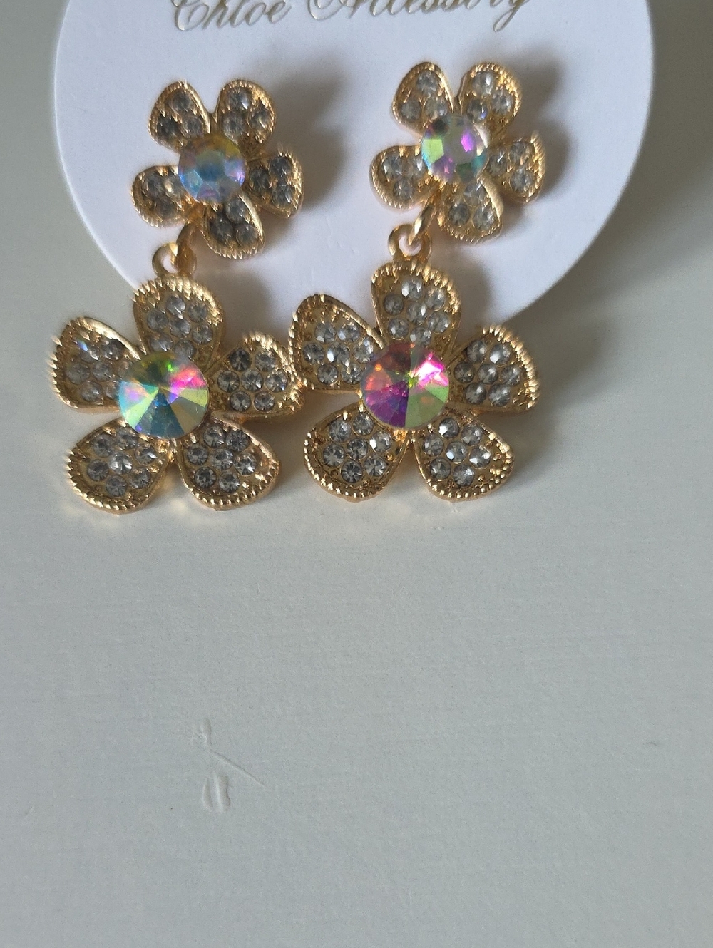Gold Tone Crystal Flower Drop Earrings - AB Center
